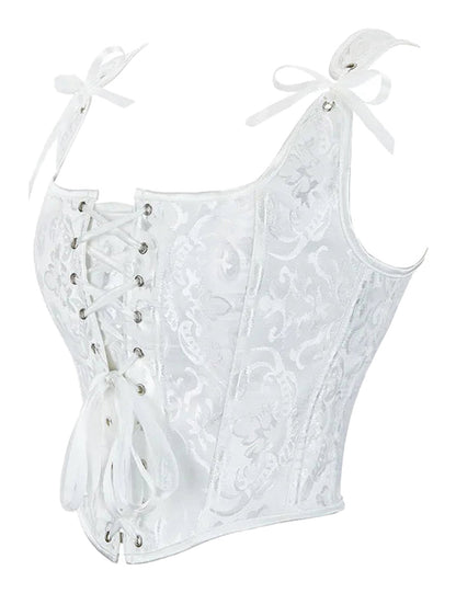 Elegant plus size gothic corset top in white with lace-up front and ribbon accents