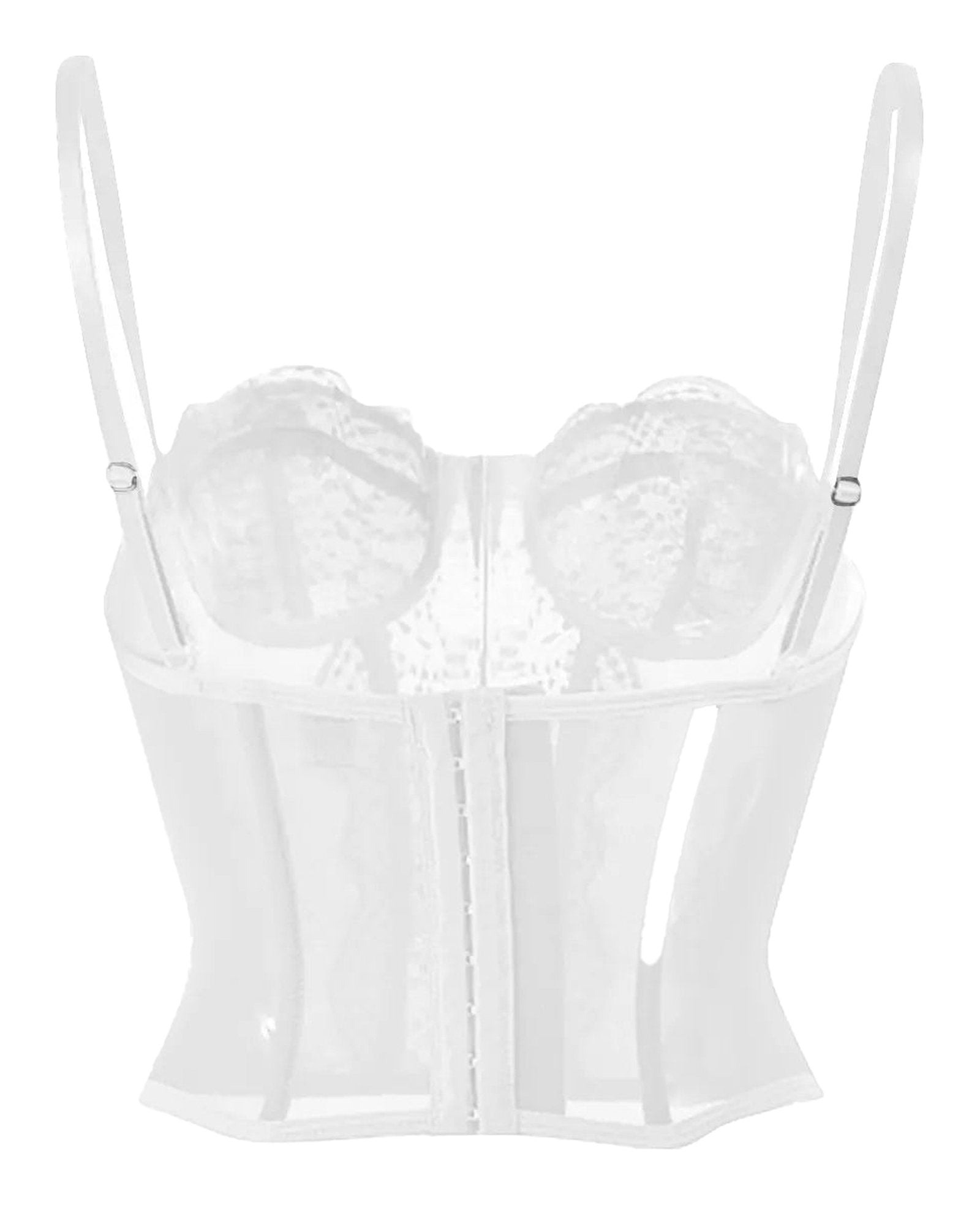 Plus size gothic corset top in white with lace details and adjustable straps for a perfect fit
