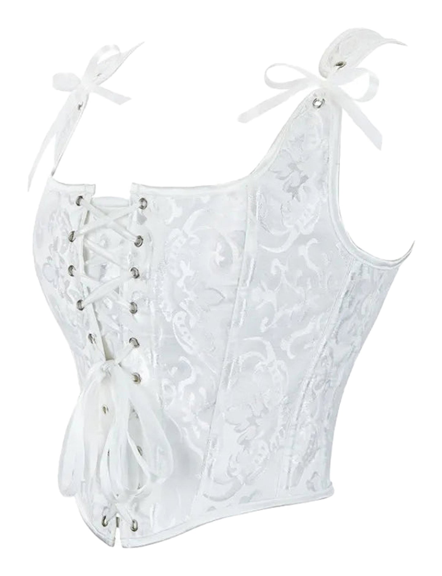 Elegant white plus size gothic corset top with lace detailing and ribbon ties for a stylish silhouette