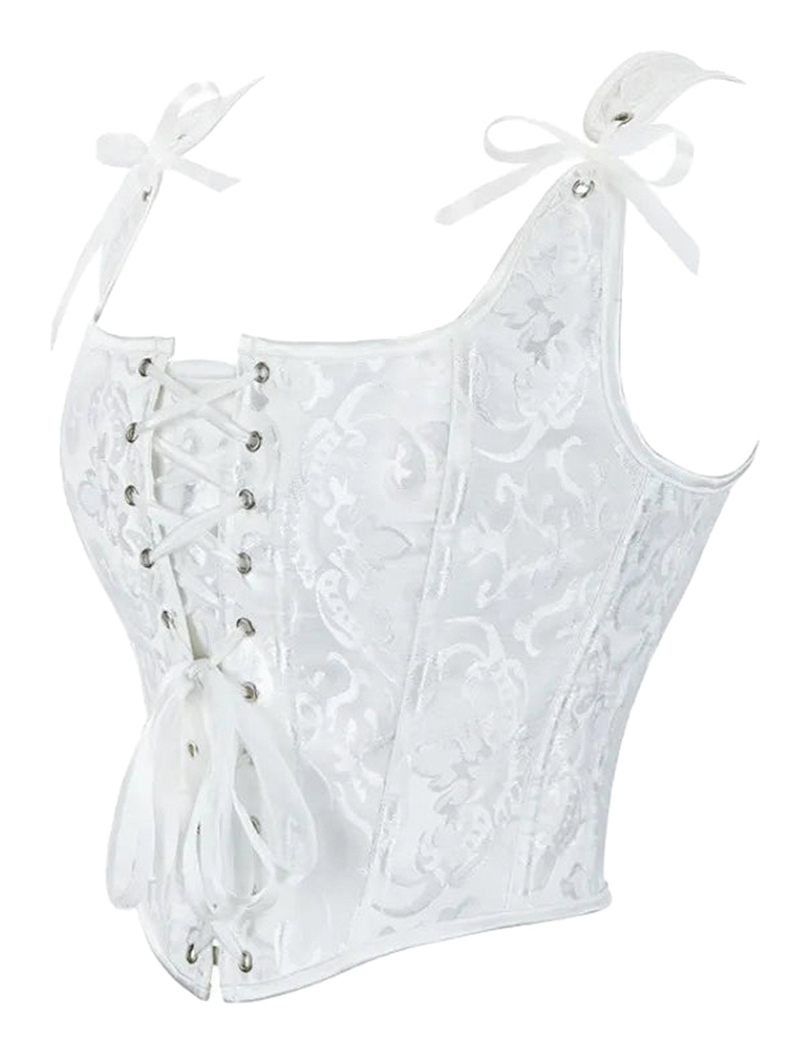 Elegant white plus size gothic corset top with lace detailing and ribbon ties for a stylish silhouette