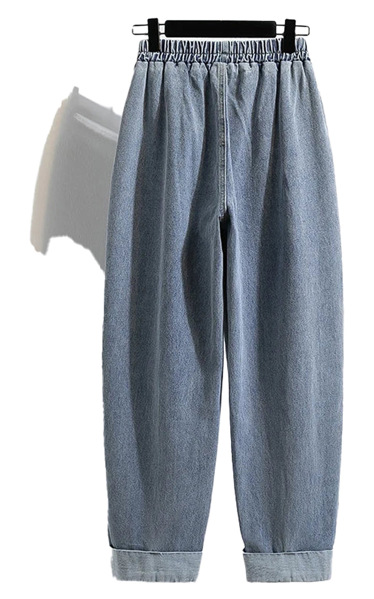 LuckeLadybug LLC plus size high waist harem jeans in light blue with a comfortable elastic waistband