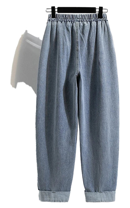 LuckeLadybug LLC plus size high waist harem jeans in light blue with a comfortable elastic waistband