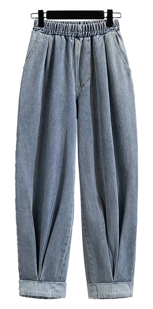 LuckeLadybug LLC Plus Size High Waist Harem Jeans in Light Wash with Comfortable Elastic Waistband