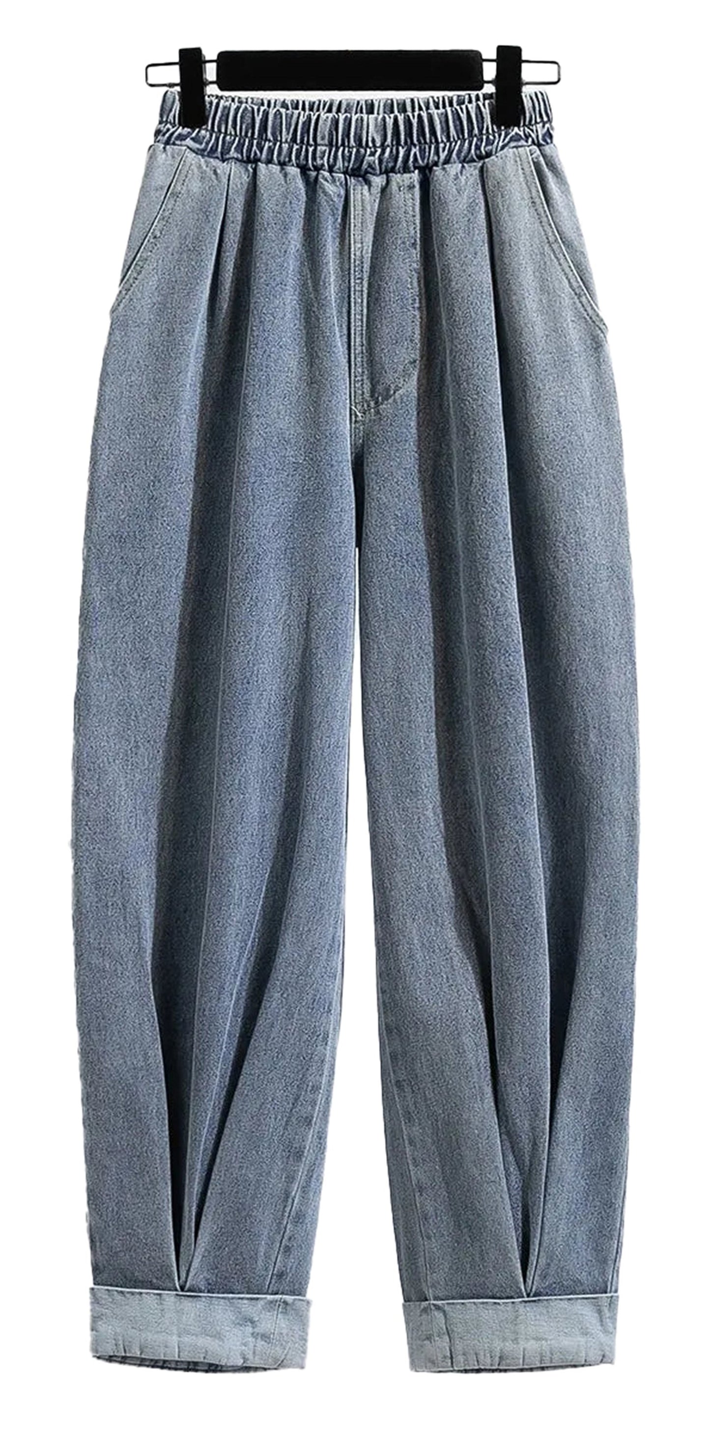 LuckeLadybug LLC plus size high waist harem jeans in light blue with a relaxed fit and elastic waistband