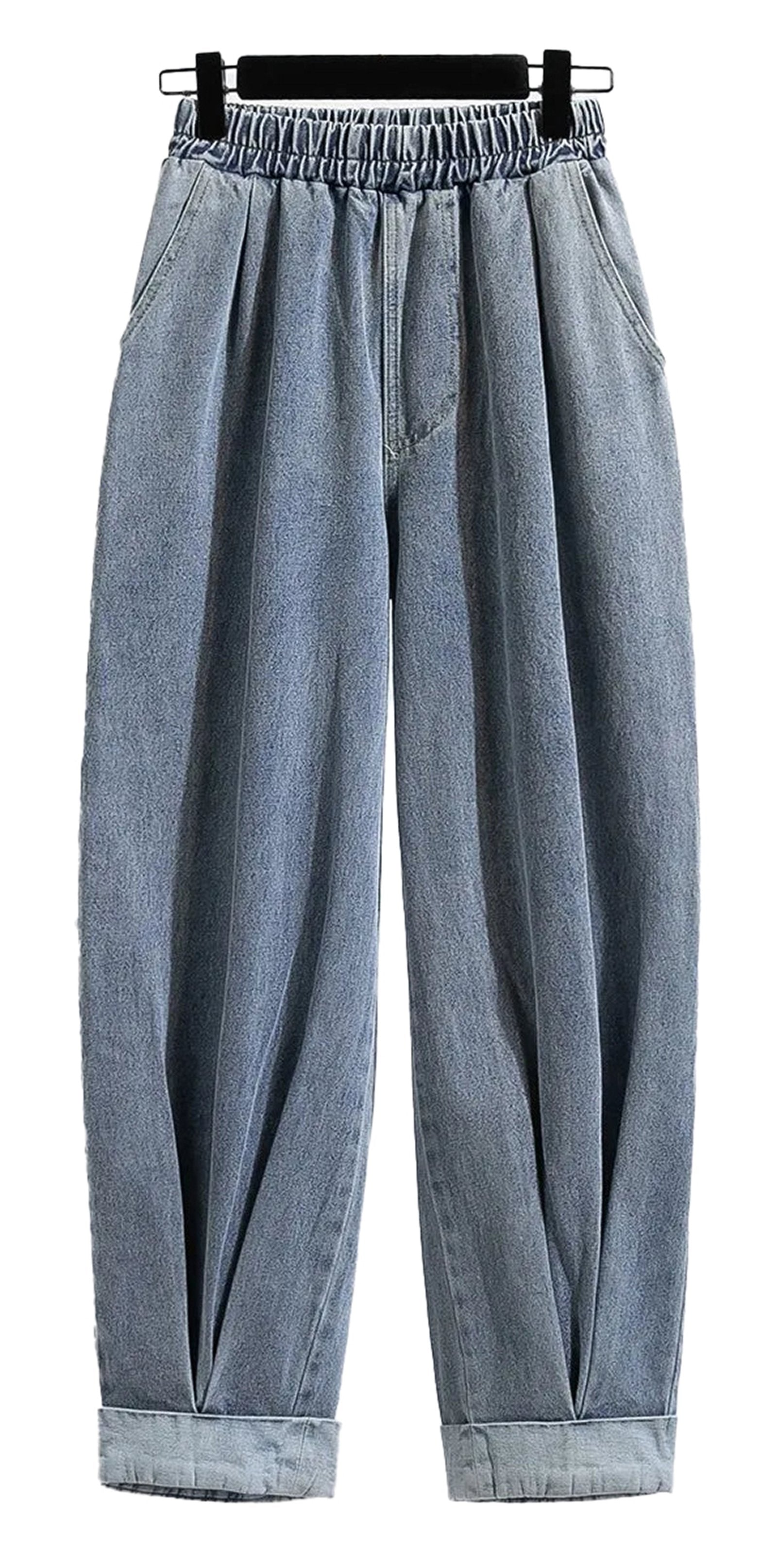 LuckeLadybug LLC plus size high waist harem jeans in light blue with a relaxed fit and elastic waistband