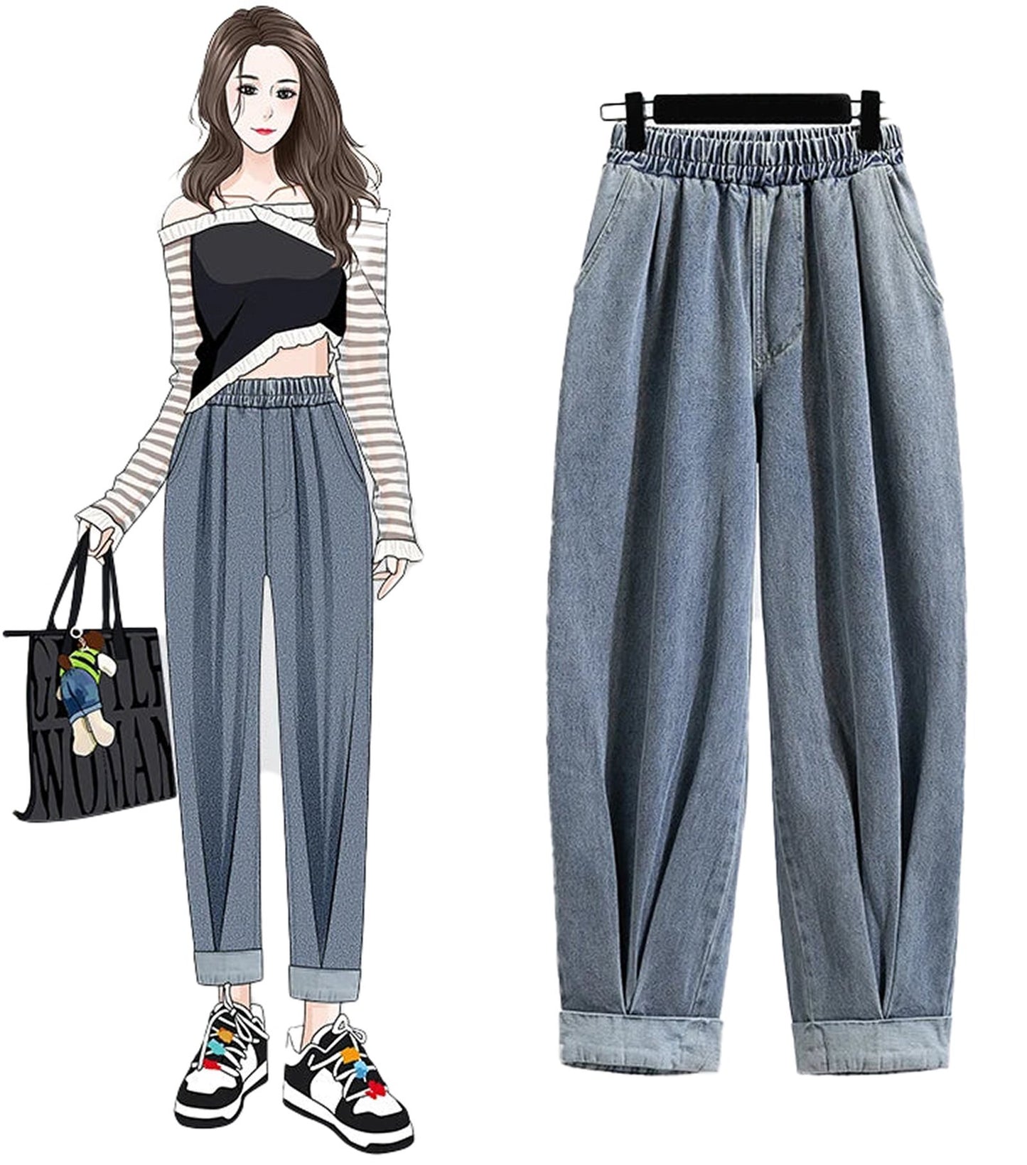 Plus size high waist harem jeans in light blue with a relaxed fit and cuffed ankles