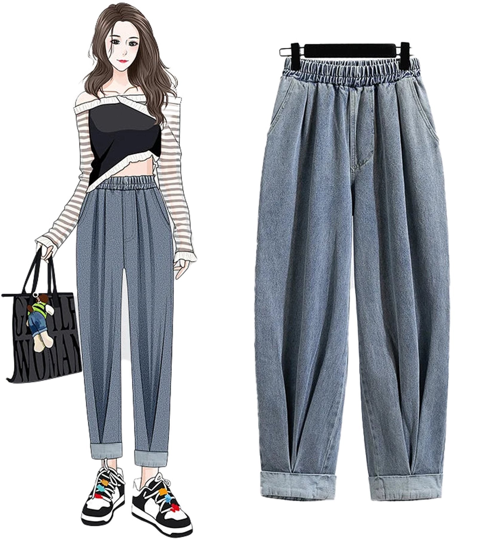 Plus size high waist harem jeans in light blue with a relaxed fit and cuffed ankles