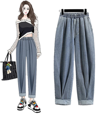 Plus size high waist harem jeans in light blue with a relaxed fit and cuffed ankles