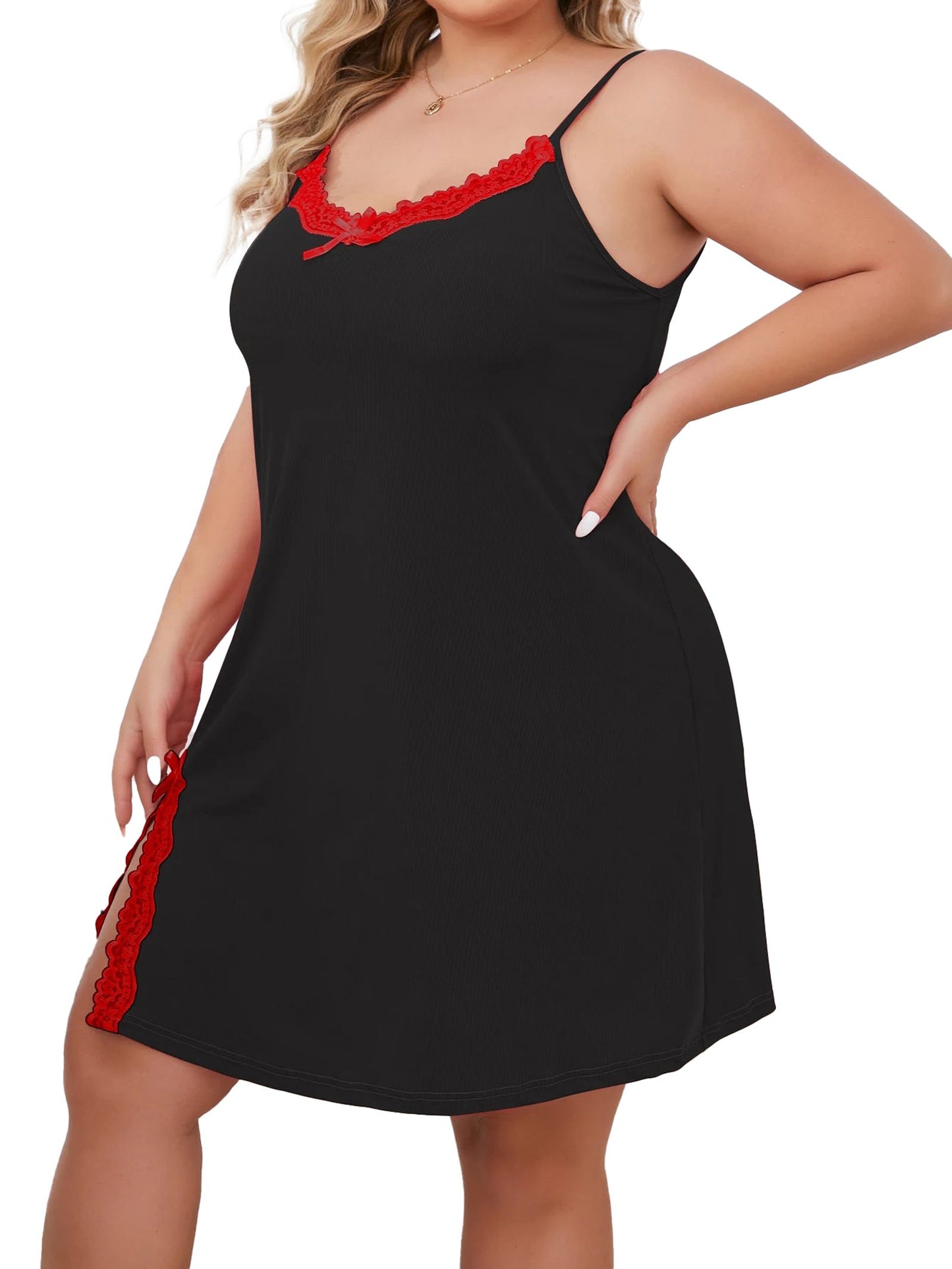 Plus size ice silk nightgown in black with red lace trim for comfortable nighttime wear