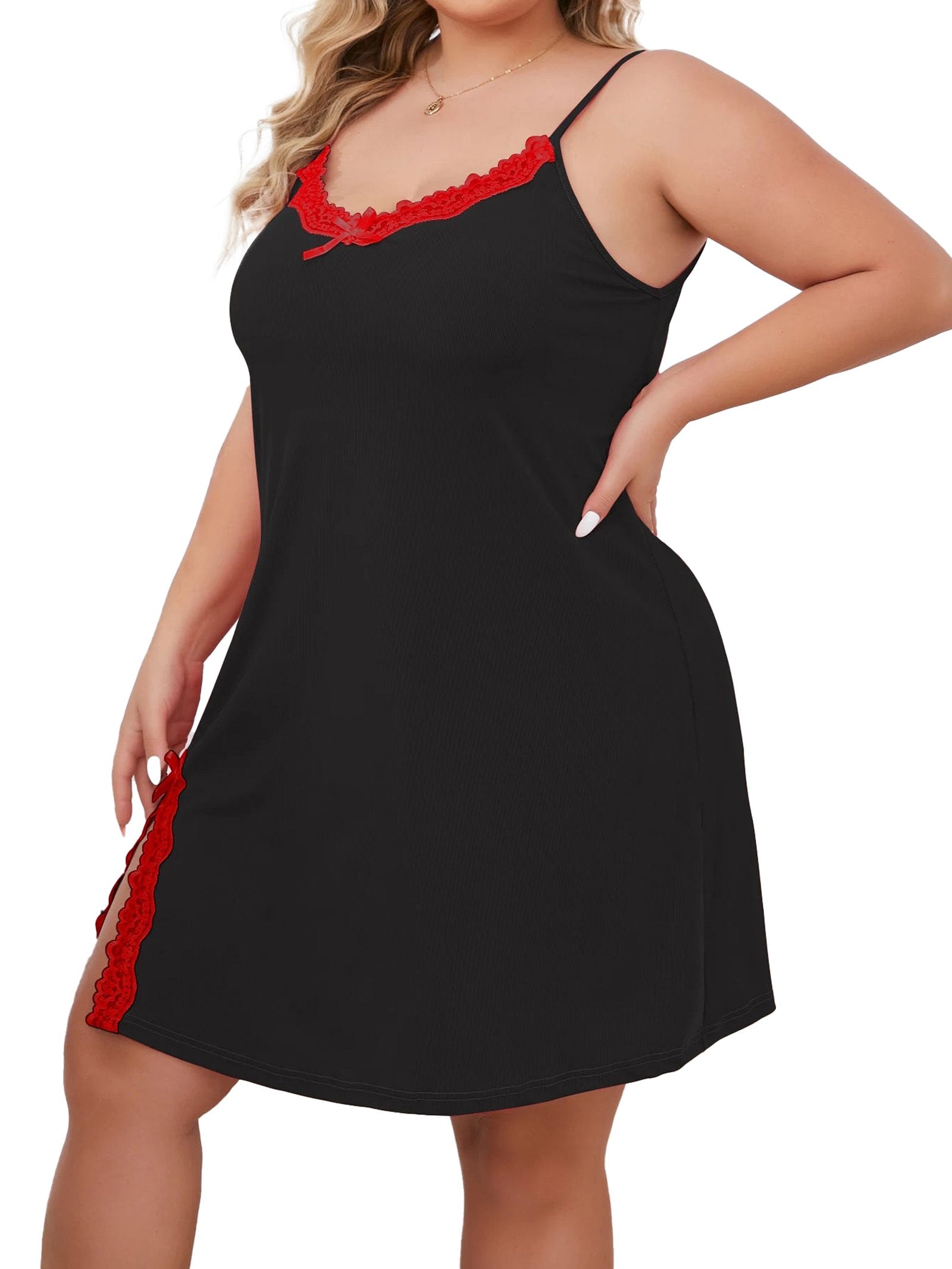 Plus size ice silk nightgown in black with red lace trim for comfortable nighttime wear