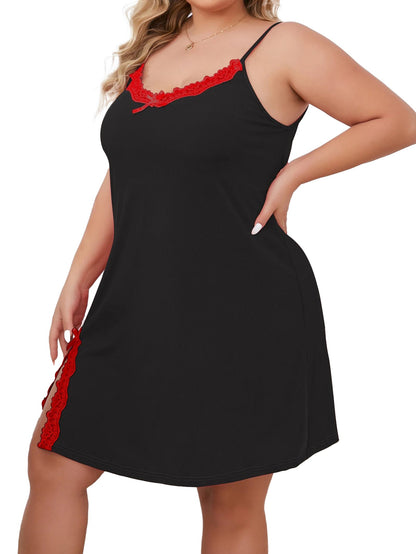 Plus size ice silk nightgown in black with red lace trim for comfortable nighttime wear