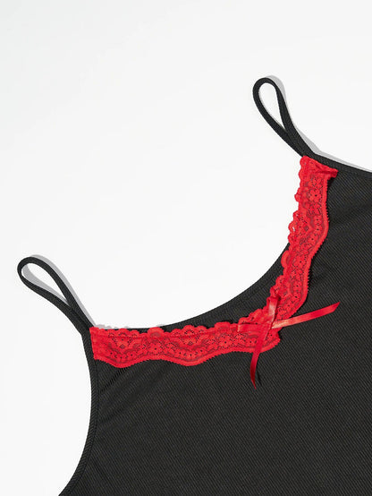 LuckeLadybug plus size ice silk nightgown with red lace detailing and adjustable straps