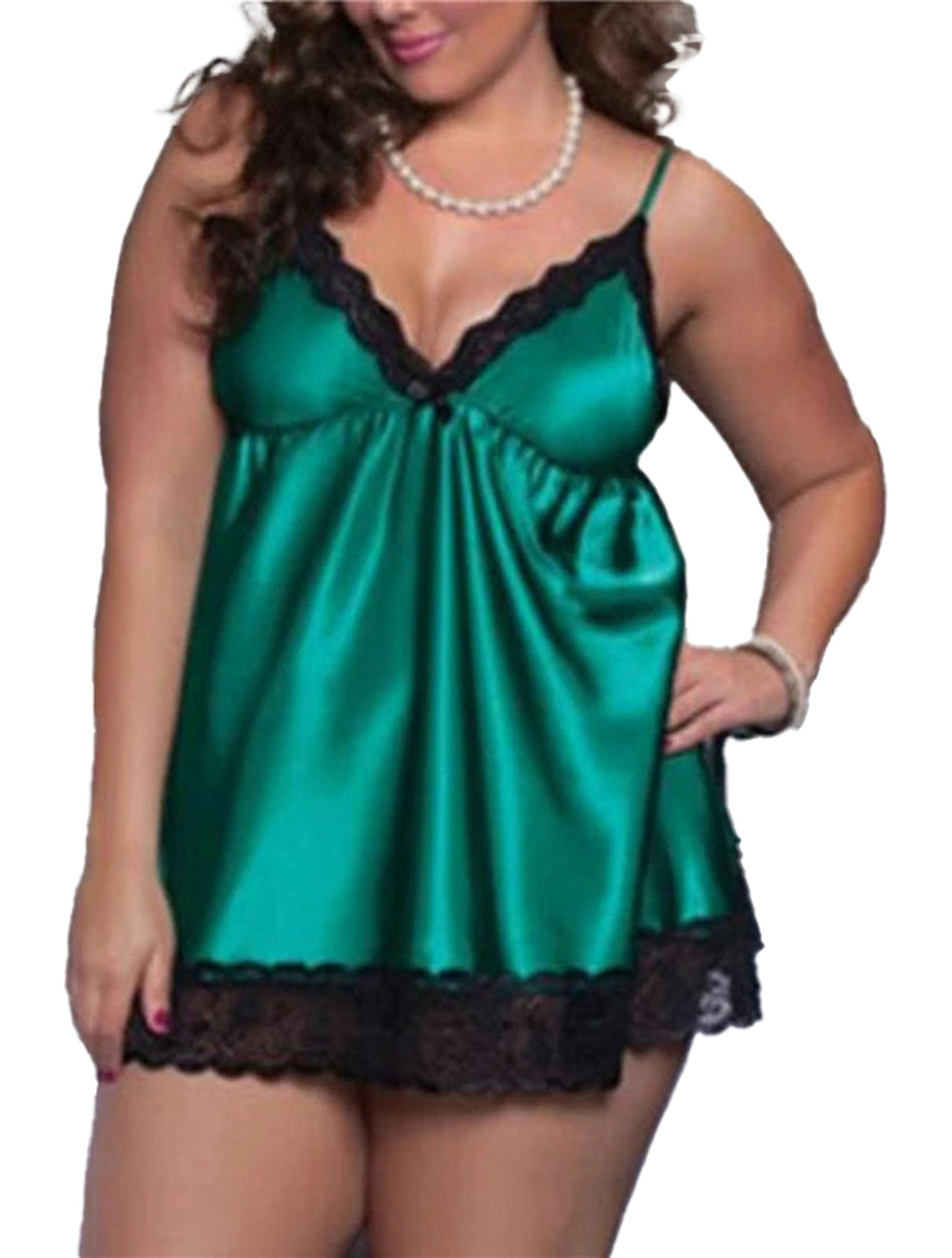 Plus size lace babydoll nightgown in green satin with black lace trim, perfect for romantic evenings