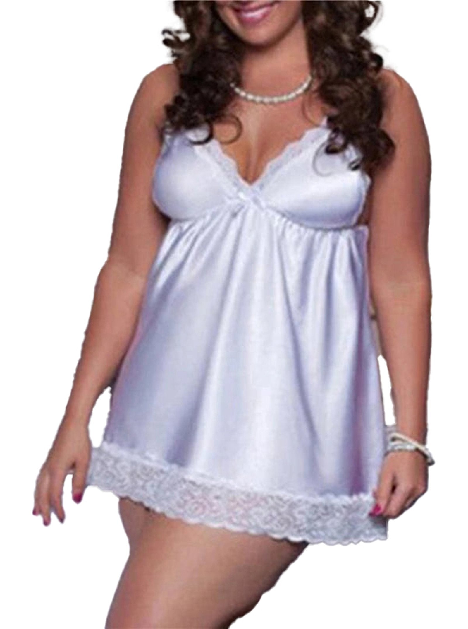 Plus size lace babydoll nightgown in white with elegant lace trim for comfortable nighttime wear.
