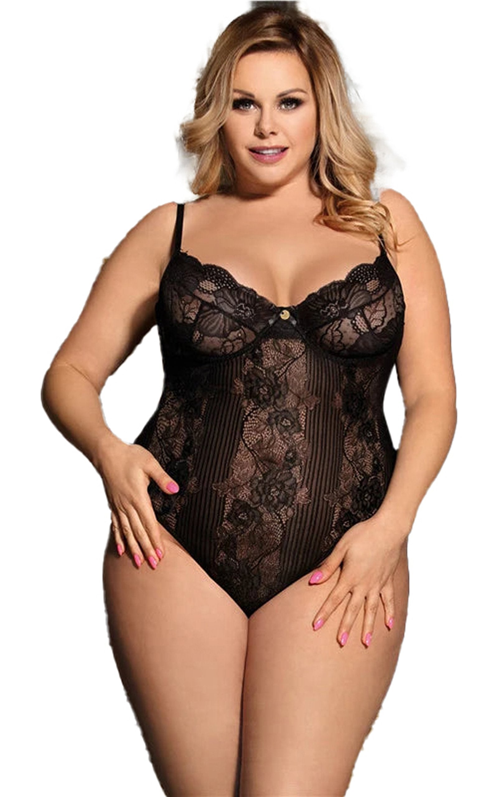Elegant plus size lace bodysuit with floral details and adjustable straps for a flattering fit