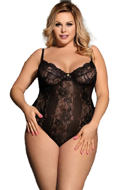 Elegant plus size lace bodysuit with floral details and adjustable straps for a flattering fit