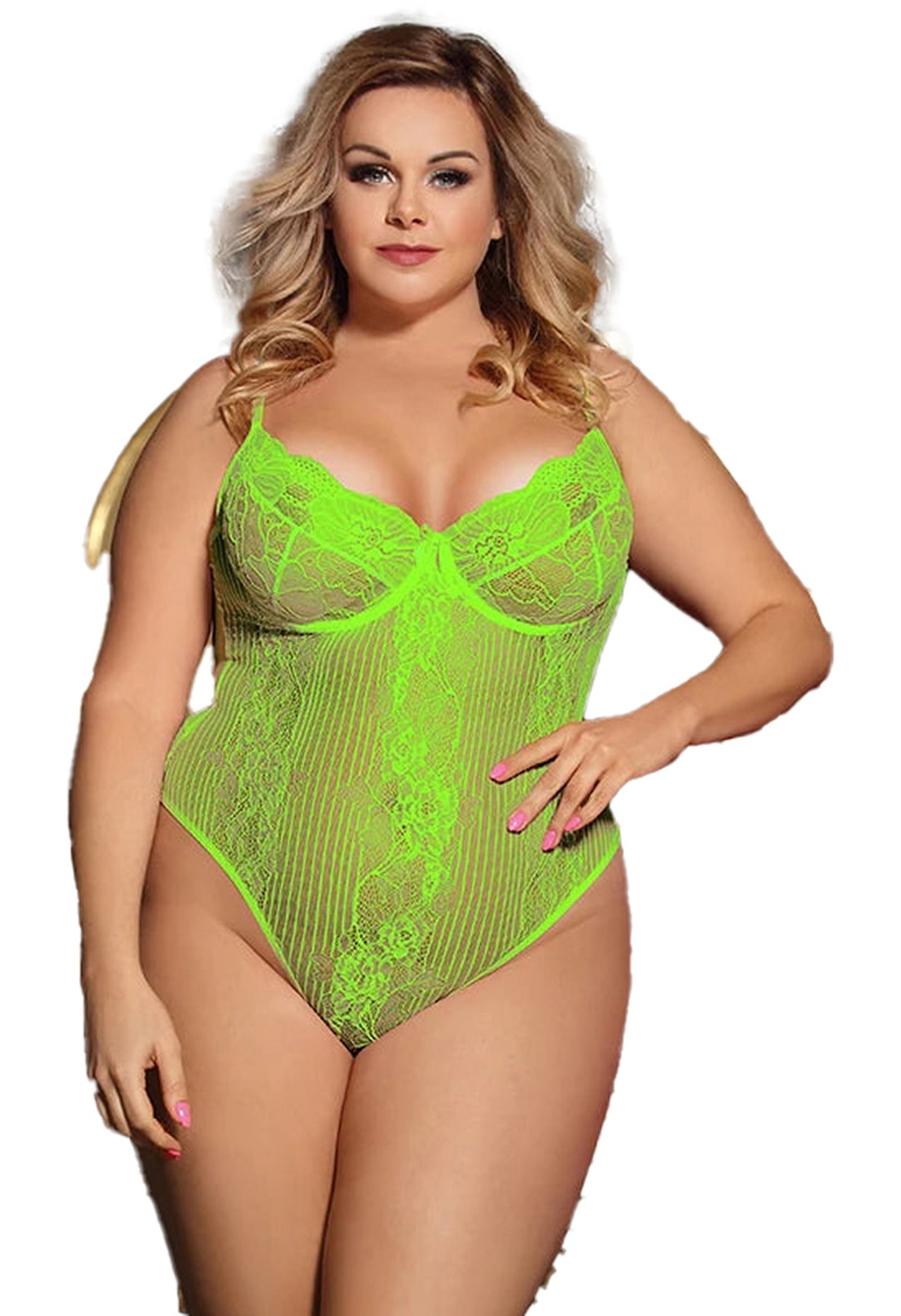 Neon green plus size lace bodysuit with delicate floral patterns for bold intimate wear