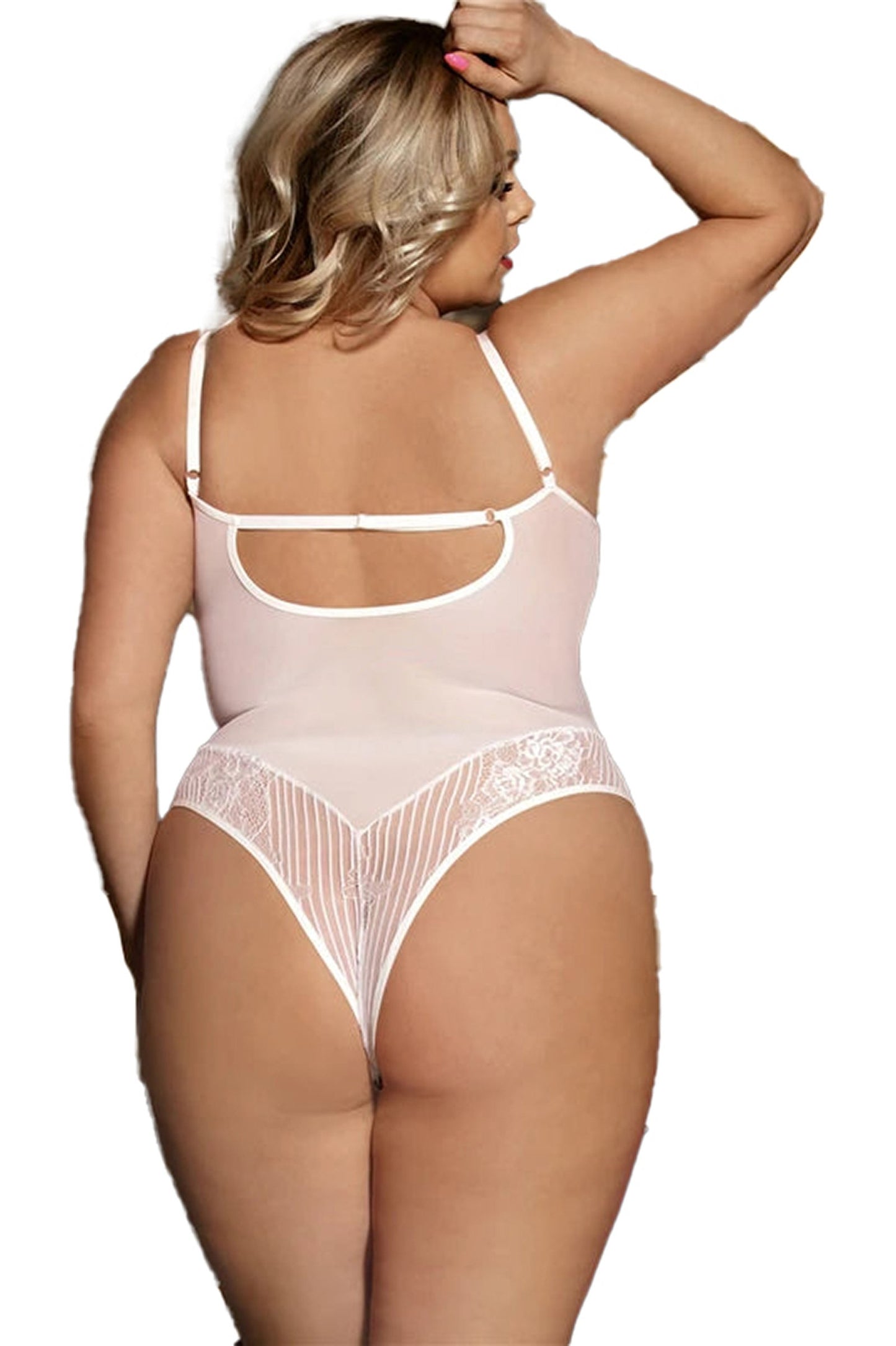 Plus size lace bodysuit in white with a sexy back design and adjustable straps