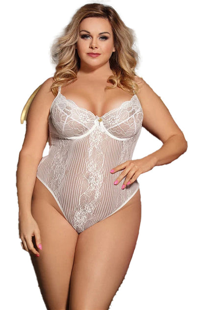 Plus size lace bodysuit in white with floral lace details and adjustable straps for a flattering fit