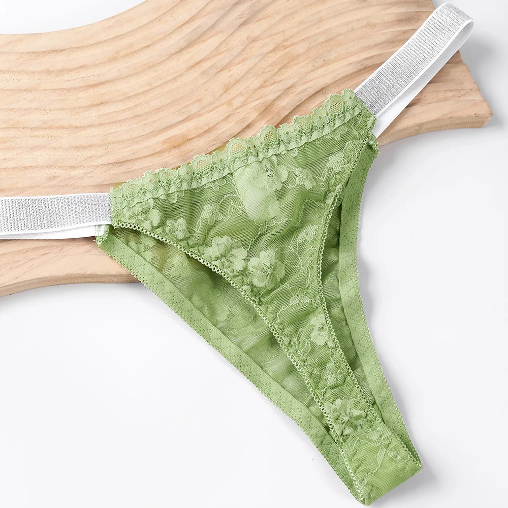 Plus size lace thongs for women in green with floral design and comfortable elastic waistband