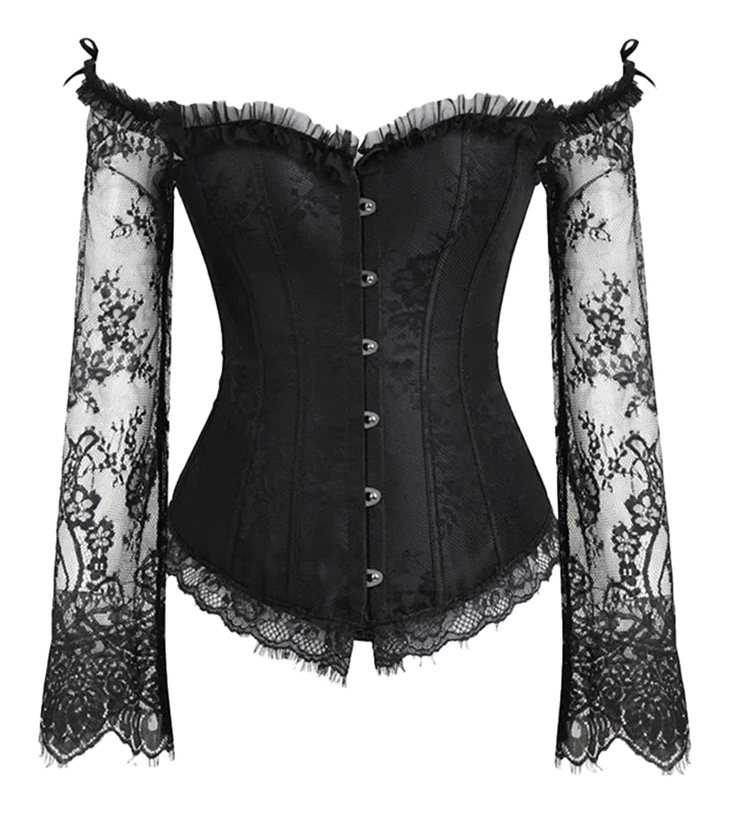 LuckeLadybug LLC Plus Size Lace Up Corset Top in black with lace details and off-shoulder sleeves