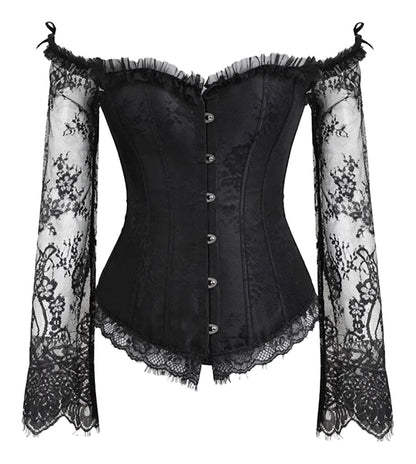 LuckeLadybug LLC Plus Size Lace Up Corset Top in black with lace details and off-shoulder sleeves