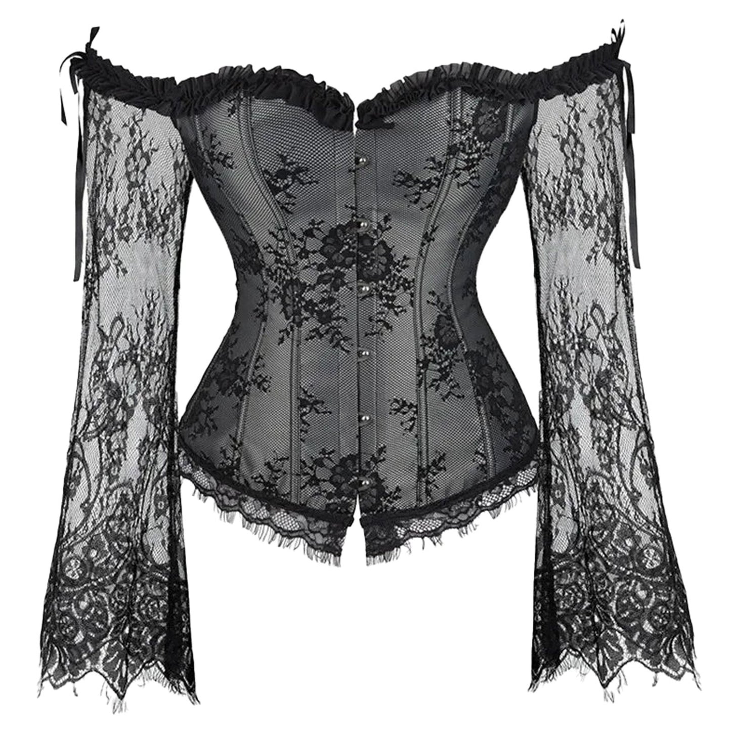 LuckeLadybug Plus Size Lace Up Corset Top with Off-Shoulder Design and Flared Lace Sleeves