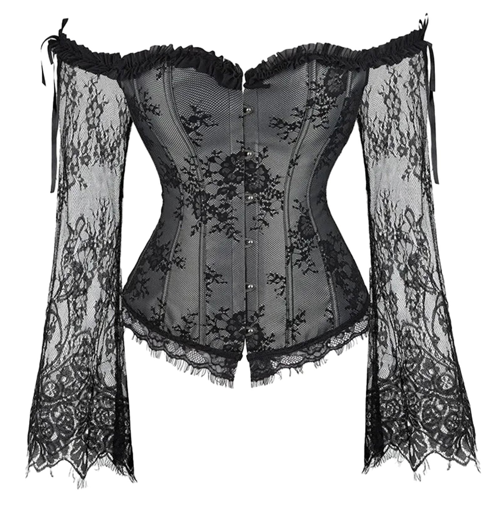 LuckeLadybug Plus Size Lace Up Corset Top with Off-Shoulder Design and Flared Lace Sleeves