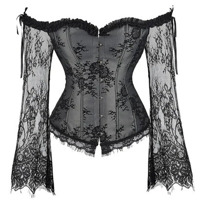 LuckeLadybug Plus Size Lace Up Corset Top with Off-Shoulder Design and Flared Lace Sleeves