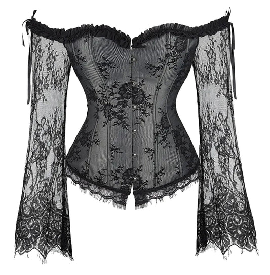 LuckeLadybug Plus Size Lace Up Corset Top with Off-Shoulder Design and Flared Lace Sleeves