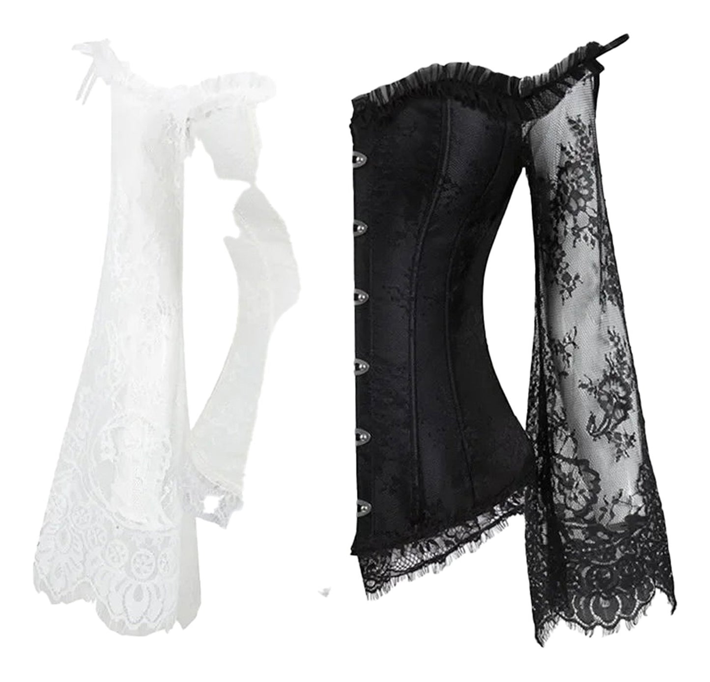 LuckeLadybug plus size lace up corset top in black and white with ruffle details and lace accents