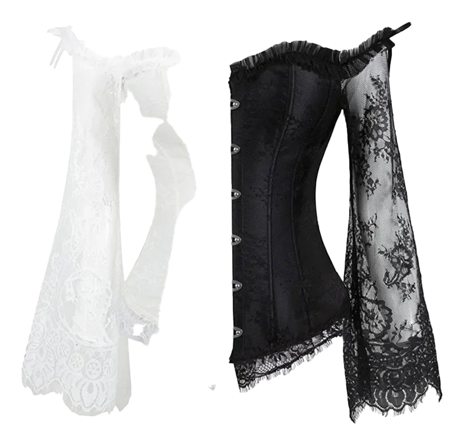 LuckeLadybug plus size lace up corset top in black and white with ruffle details and lace accents