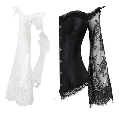 LuckeLadybug plus size lace up corset top in black and white with ruffle details and lace accents