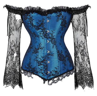 Blue plus size lace up corset top with lace sleeves and ruffle details for a stylish look