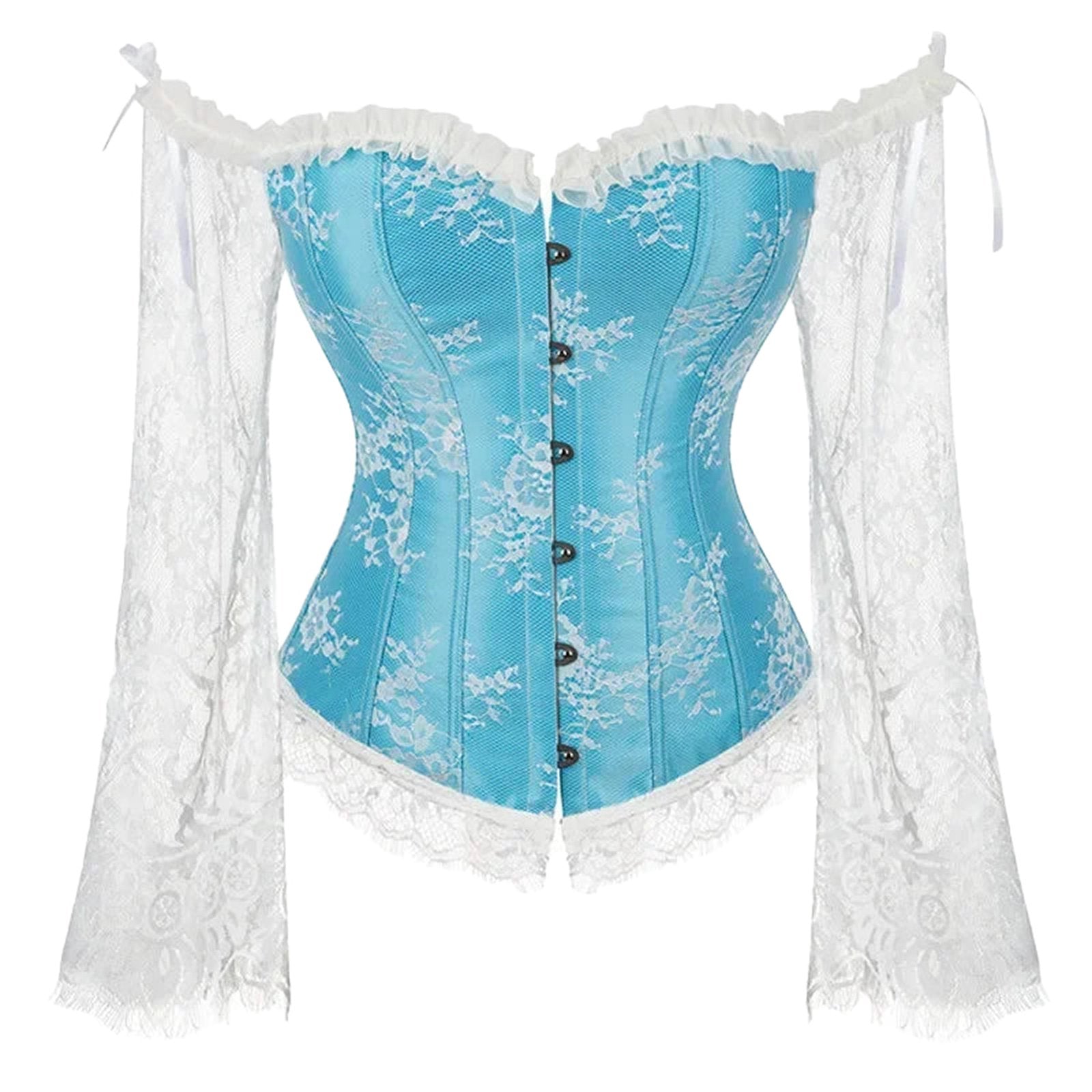 Plus size lace up corset top in blue with floral lace sleeves and off-shoulder design for a stylish look