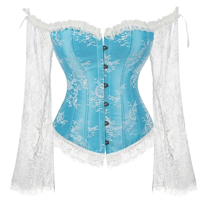 Plus size lace up corset top in blue with floral lace sleeves and off-shoulder design for a stylish look