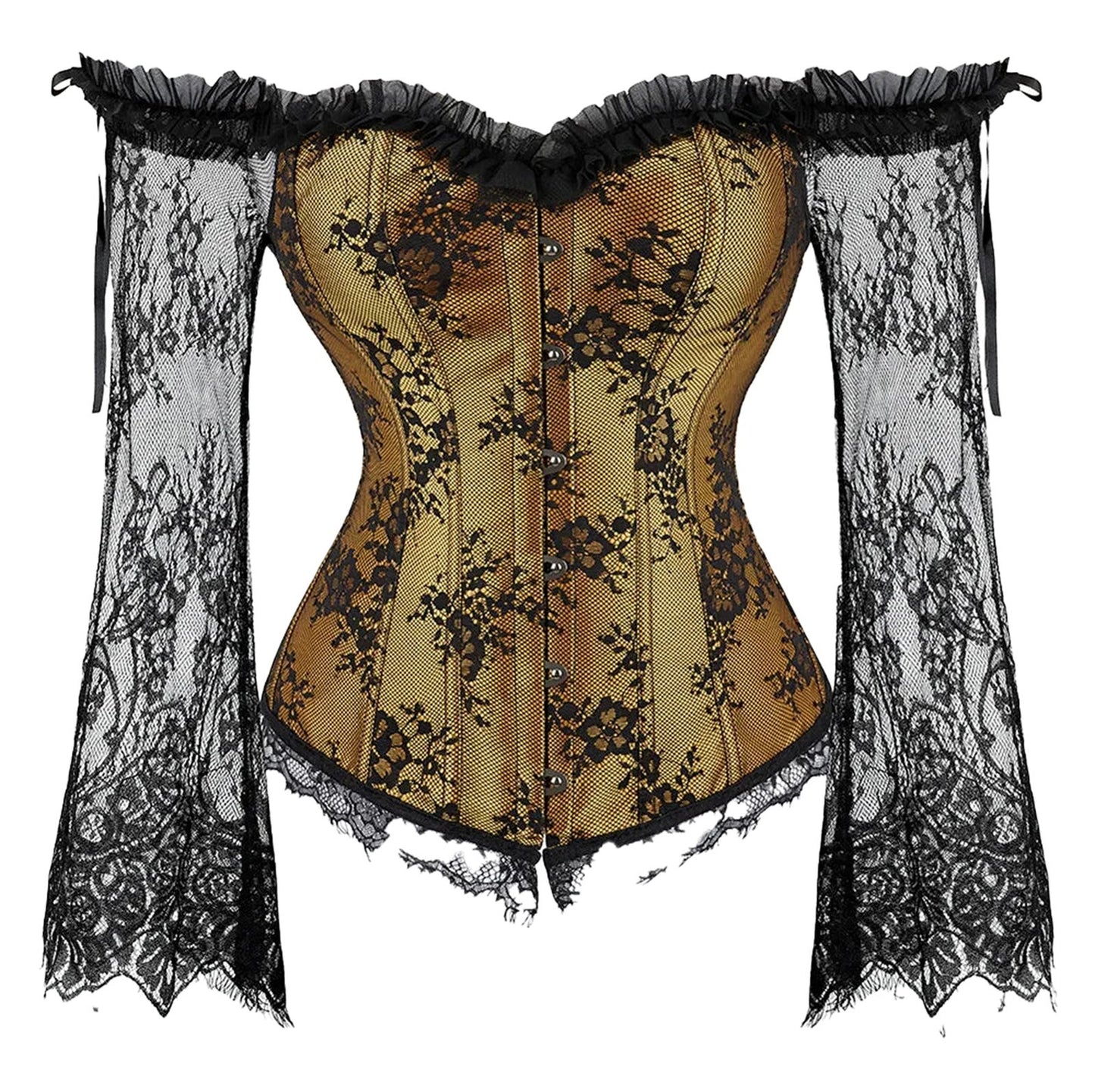 LuckeLadybug LLC plus size lace up corset top with elegant lace sleeves and detailed button front