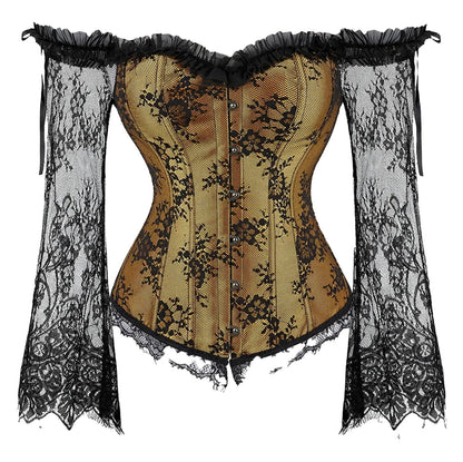 LuckeLadybug LLC plus size lace up corset top with elegant lace sleeves and detailed button front