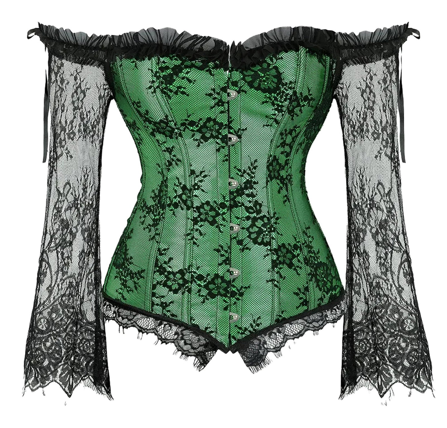 LuckeLadybug LLC plus size lace up corset top in green with lace sleeves and intricate detailing