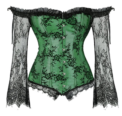 LuckeLadybug LLC plus size lace up corset top in green with lace sleeves and intricate detailing