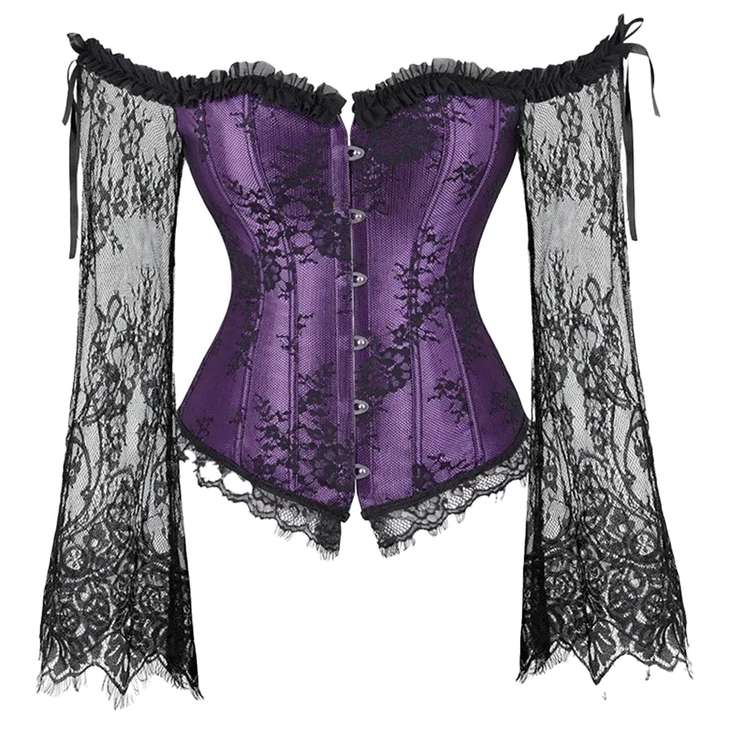 Plus size lace up corset top in purple with lace sleeves and a flattering silhouette