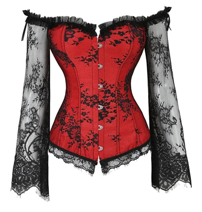 LuckeLadybug LLC Plus Size Lace Up Corset Top in Red with Black Lace Sleeves