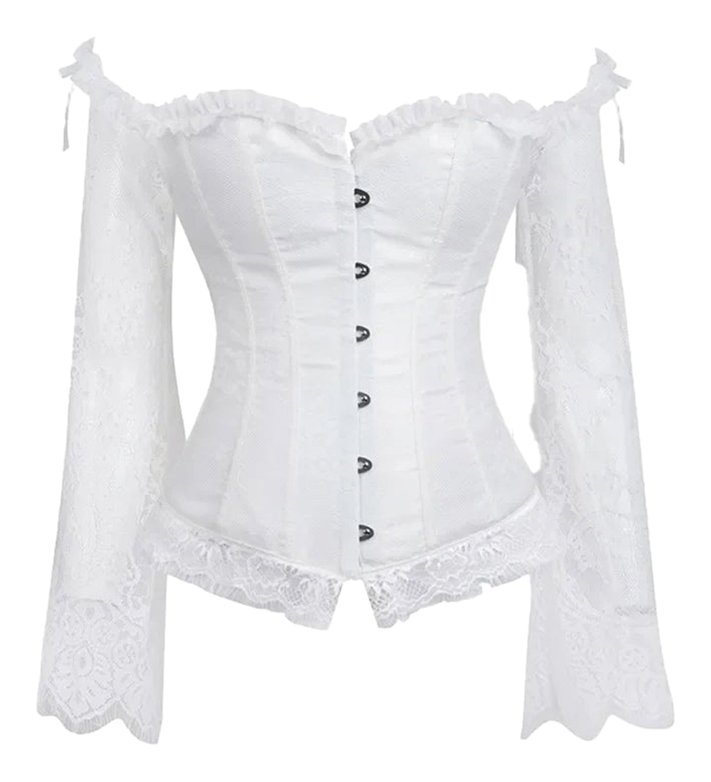 LuckeLadybug LLC Plus size lace up corset top in white with off-shoulder long sleeves and front buttons