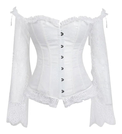 LuckeLadybug LLC Plus size lace up corset top in white with off-shoulder long sleeves and front buttons