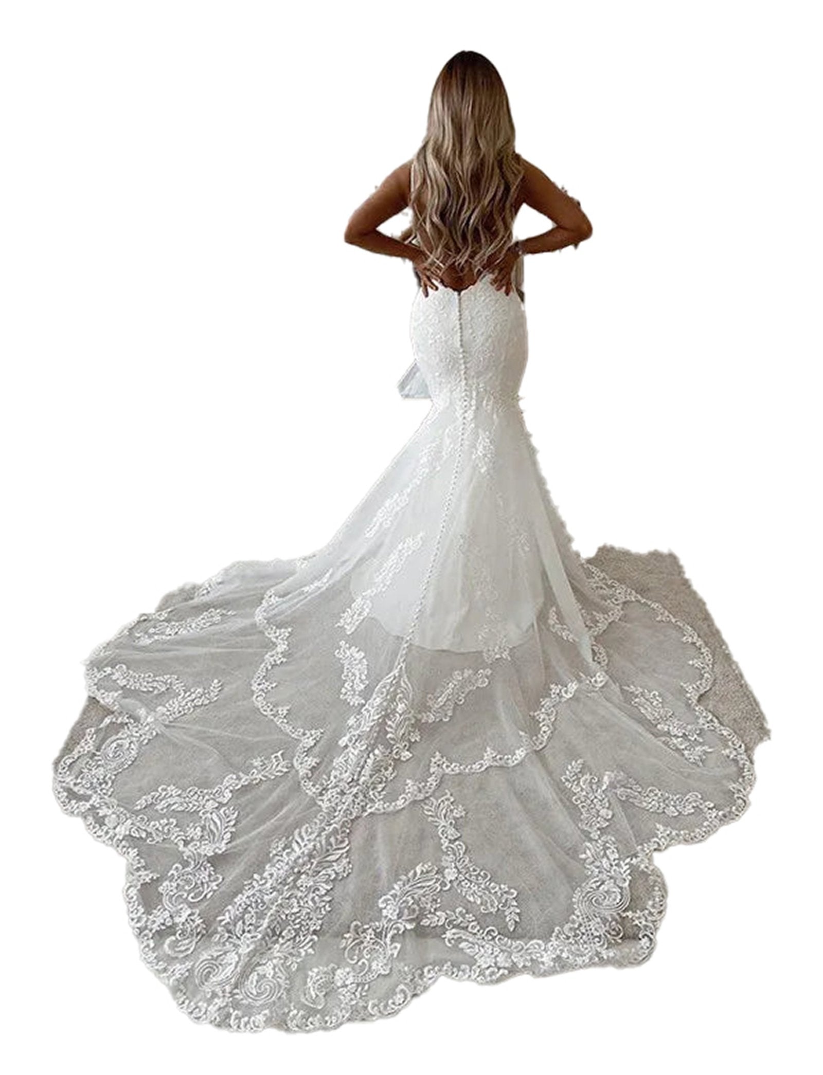 Elegant plus size mermaid wedding dress with intricate lace detailing and a sweeping train
