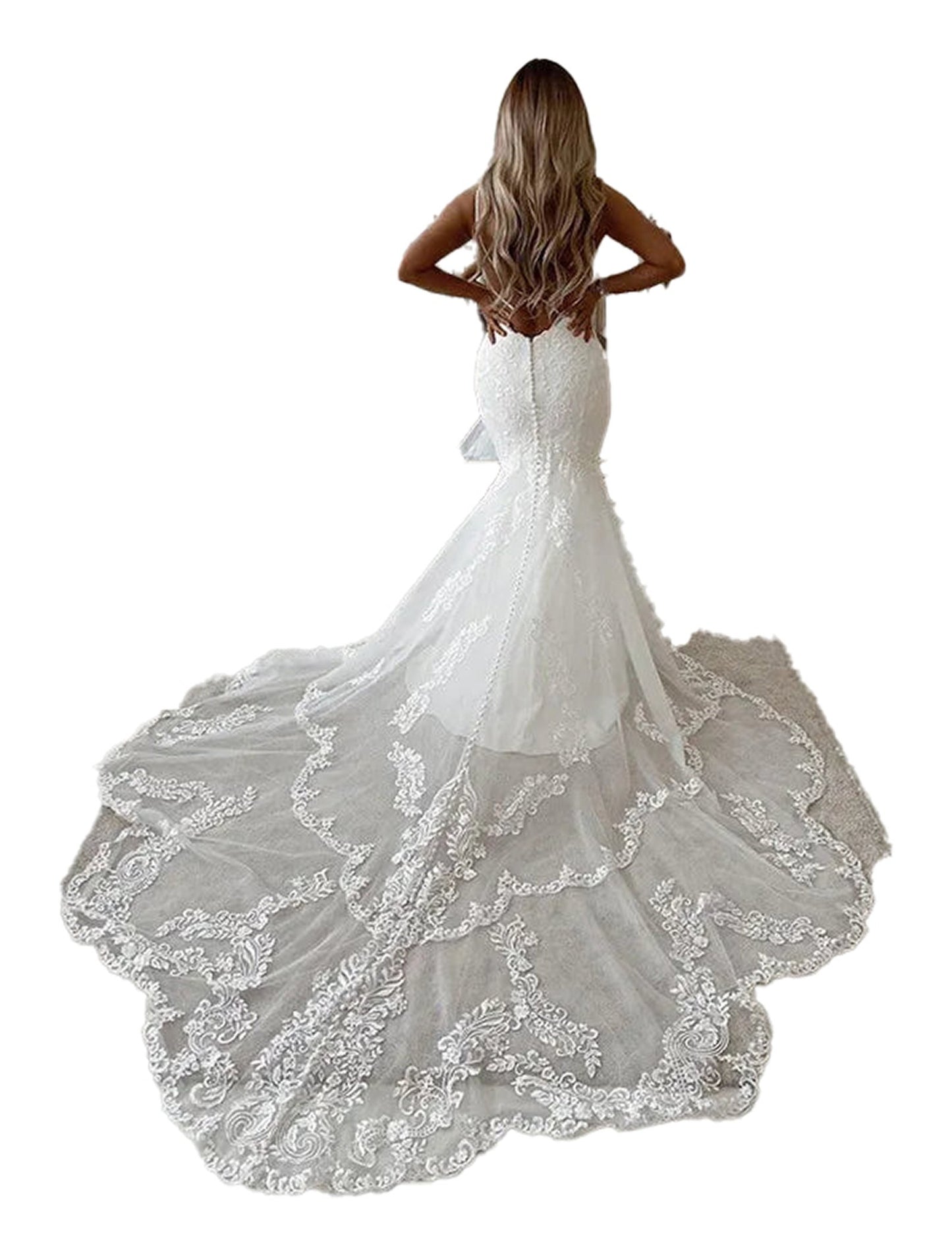 Elegant plus size mermaid wedding dress with intricate lace detailing and a stunning train by LuckeLadybug LLC