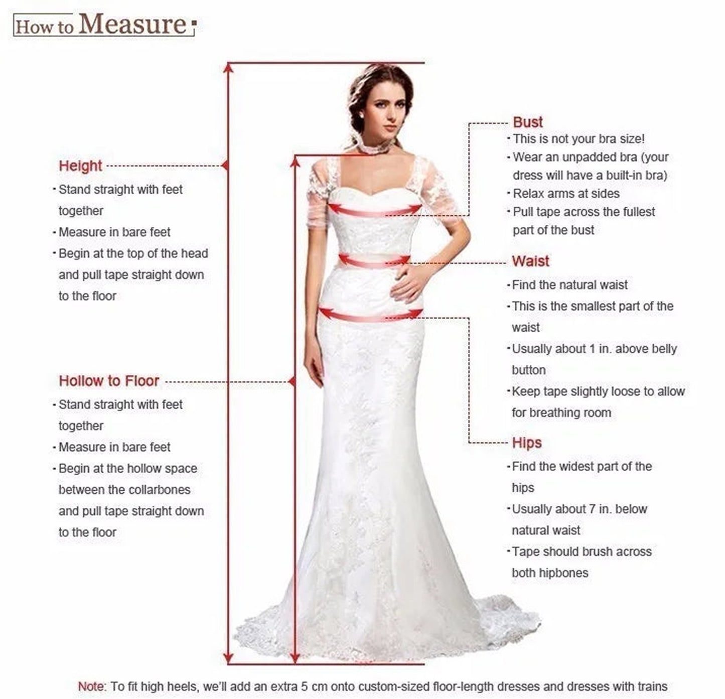 Size guide for a plus size mermaid wedding dress with measuring instructions for the perfect fit