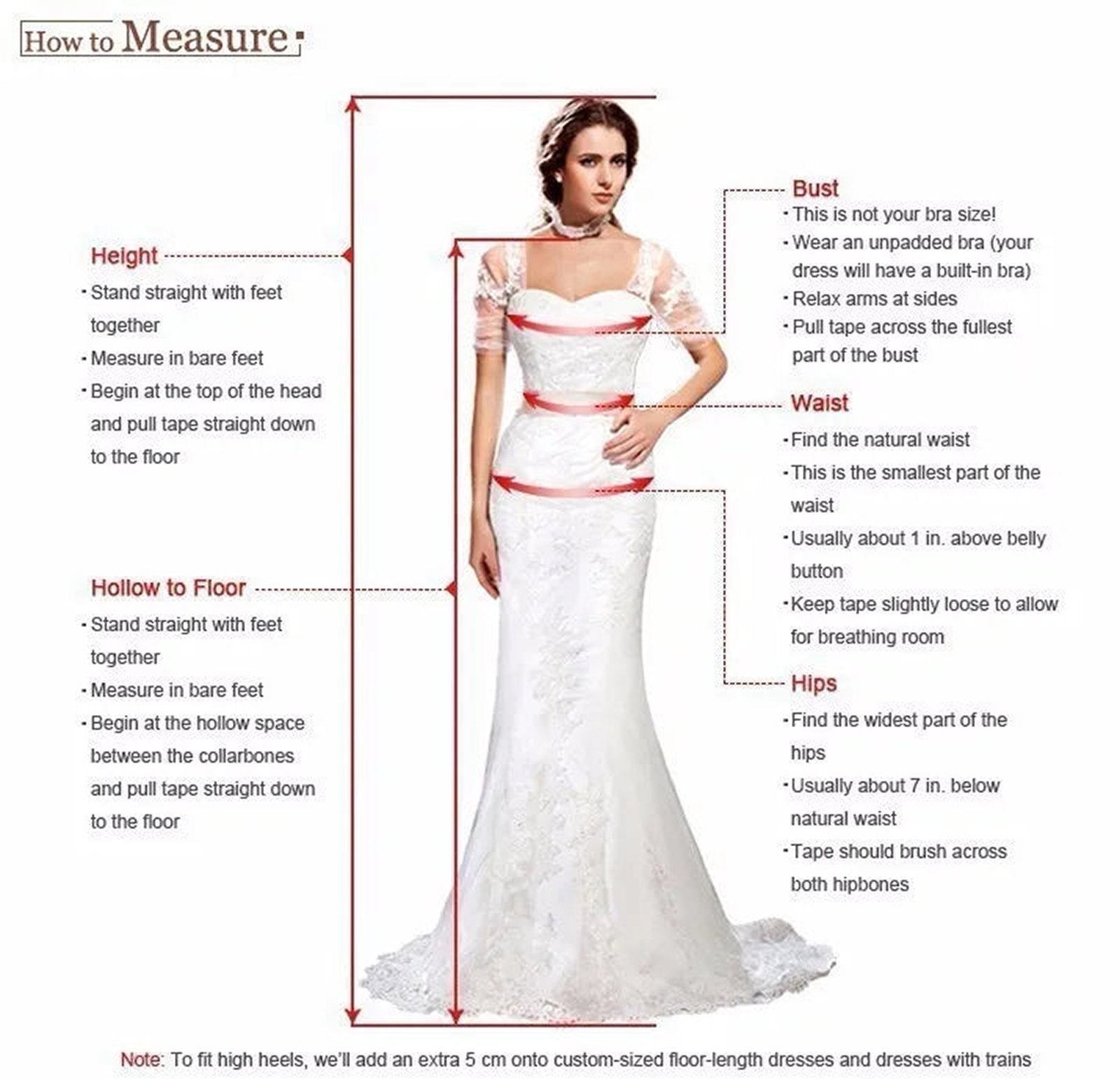 Size guide for a plus size mermaid wedding dress with measuring instructions for the perfect fit
