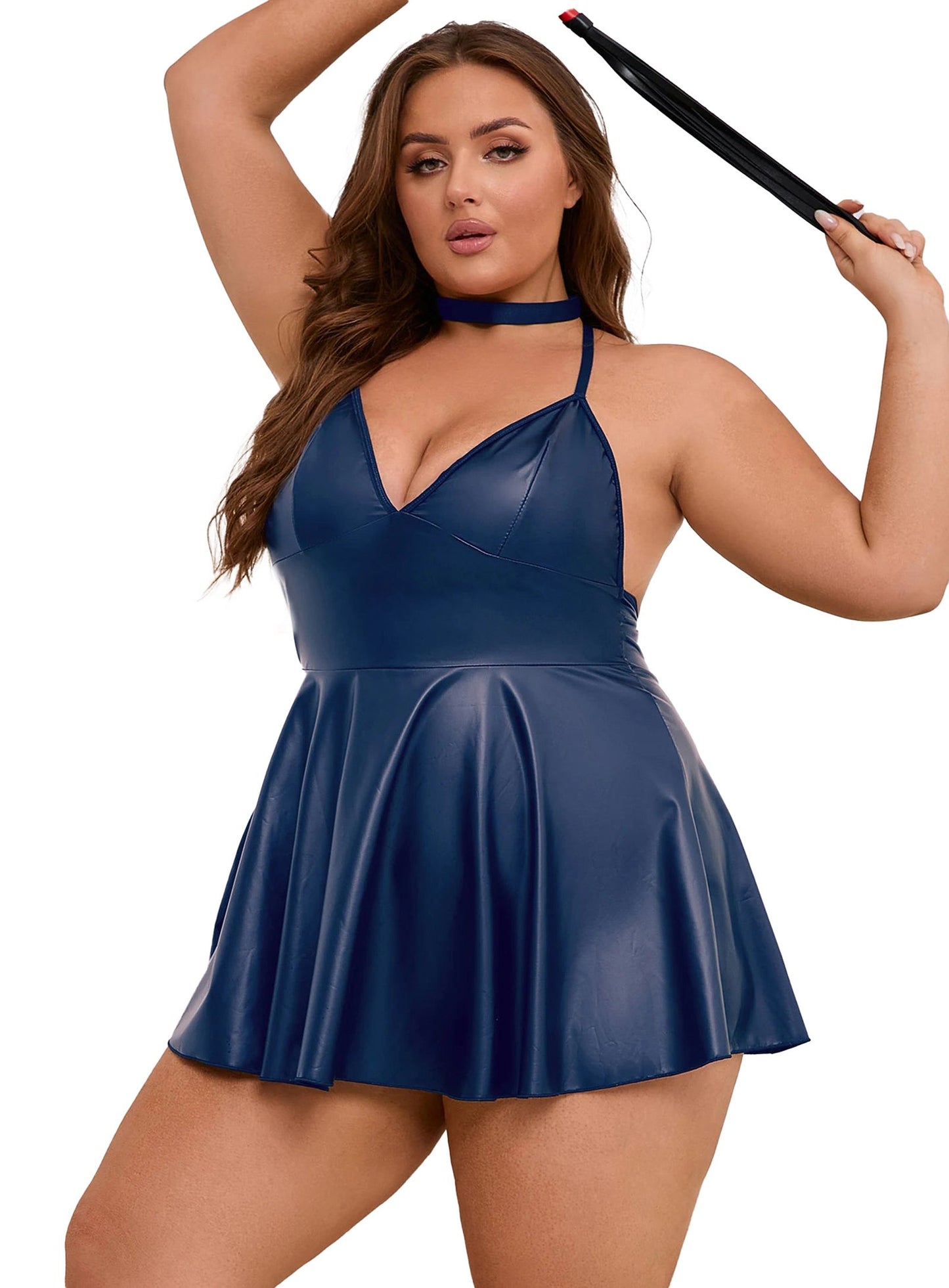 Plus size PU leather nightgown in navy with a halter neckline and flared skirt design