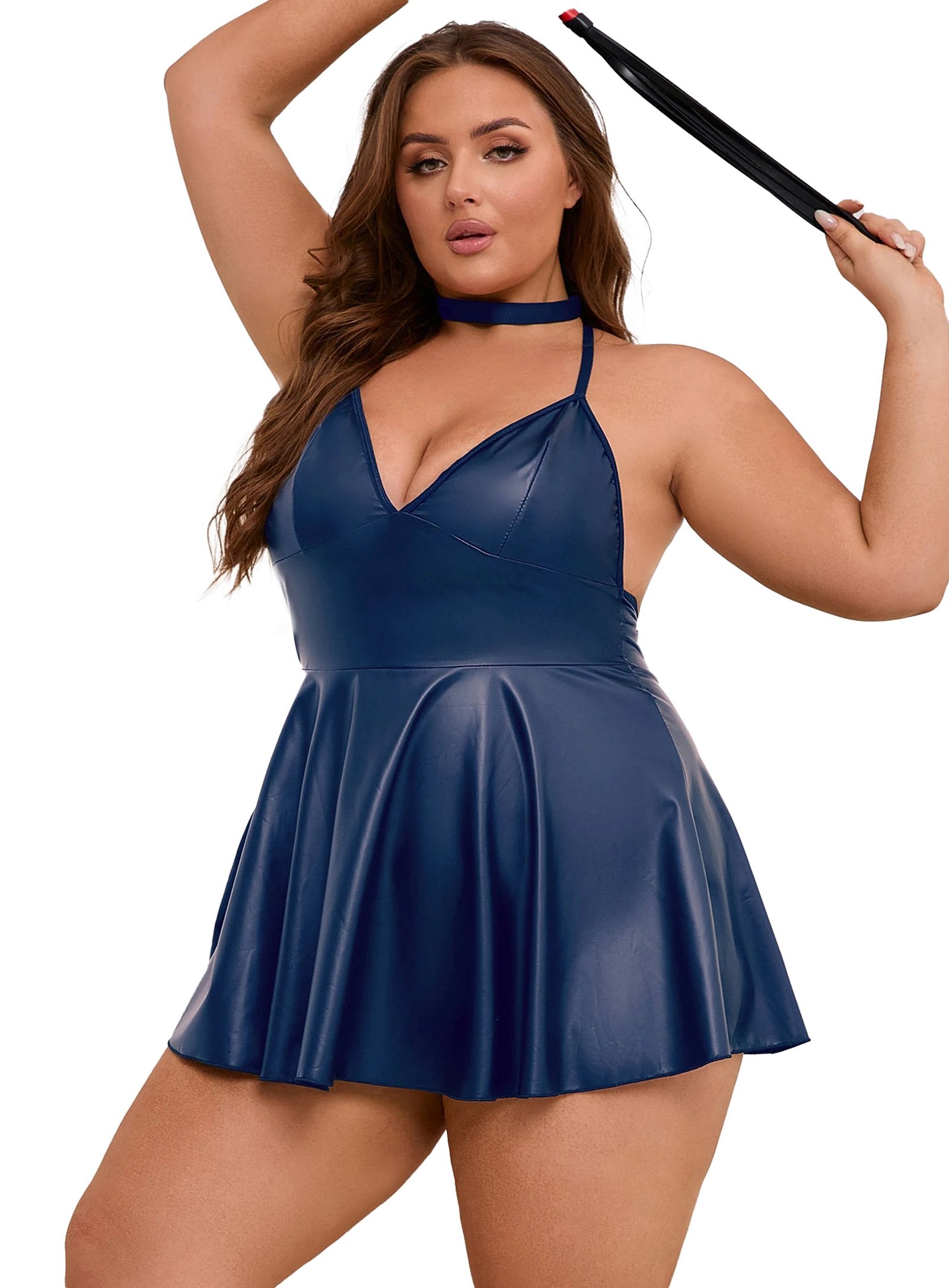 Plus size PU leather nightgown in navy with a halter neckline and flared skirt design